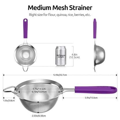 U-Taste Medium Fine Mesh Strainer: 18/8 Stainless Steel 4.73in 30 Mesh Kitchen Food Sieve with Sturdy Riveted Silicone Handle, Heavy Duty Deep Handheld Metal Colander for Rice, Quinoa, Flour (Purple) - color: (5) Purple, size: M-4.73in