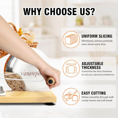 vanerepok Manual Bread Slicer Adjustable Thickness for Homemade Sourdough | Hand Crank Bread Cutter with Scale & Stable Suction Cups & Wood Base for Even Slicing Perfect Baking Gift for Home Bakers - color: PureWhite