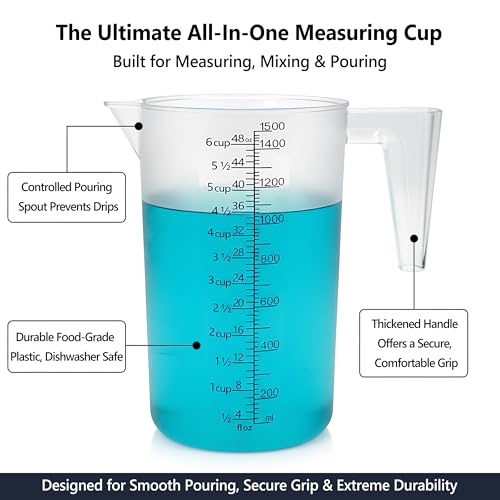 Liquid Measuring Cup with Handle, 48 oz / 6 Cup / 1500 ml Plastic Measuring Pitcher, Permanent Laser-Etched Markings, Large Measuring Cup for Kitchen Baking, Cooking & Garden Mixing - size: 48 OZ (6 Cup/1500ml）