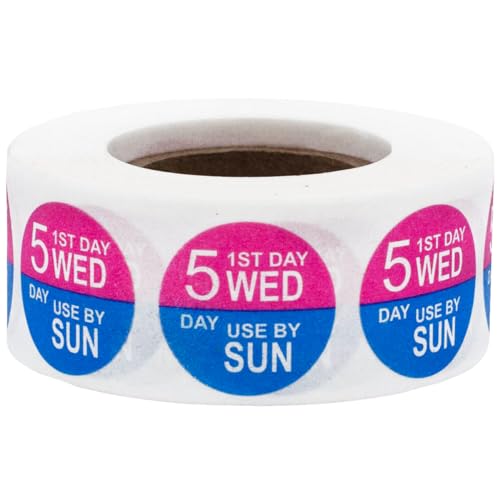 Dissolvable Wednesday Through Sunday 5 Day Food Rotation Labels, 3/4 Inch Use By Stickers, 500 Total Adhesive Labels on a Roll for Restaurant and Kitchen Prep – Made in the USA - color: Wednesday