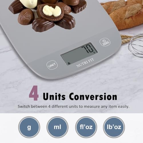 NUTRI FIT Food Scale Kitchen Scales Digital Weight Grams and Ounces for Baking Cooking, Weighing Scale Portion Control, Max 11lb 1g Increment 6 Units Smart Tare Hanging Storage, Gray - color: Cool Gray