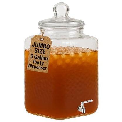 Extra Large 5 Gallon Glass Beverage Dispenser with Stainless Steel Spigot – Bulk Drink Container for Parties, Events, Weddings & Home Use