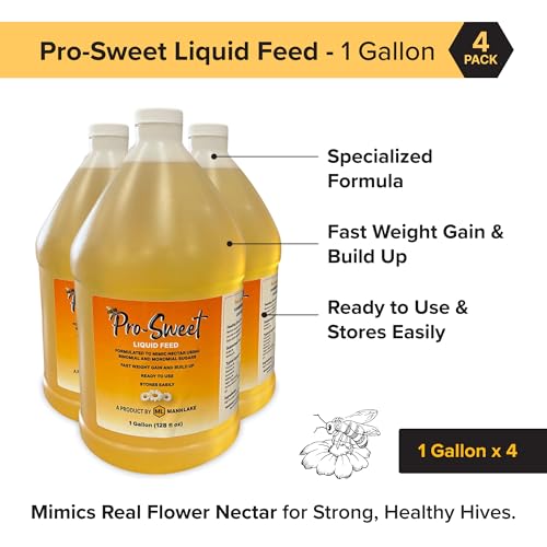 Mann Lake Pro-Sweet Liquid Feed, Natural Supplemental Feed for Bees, Ready-to-Use Nectar Alternative, Formula for Optimal Nutrition & Hive Weight, 1 Gallon 4-Pack, Made in USA - size: 128 Fl Oz (Pack of 4)