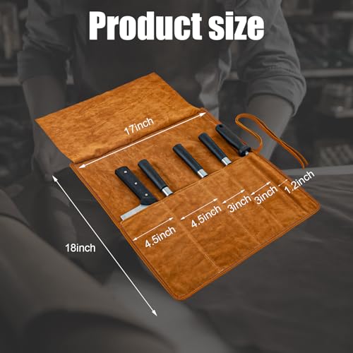 Knife Roll Bag Genuine Leather,Chefs Professional 5 Knives and Cookware,Perfect for The Traveling Chef,Travel Tool Roll Pouch,No Tools Included - color: 5 Slots brown