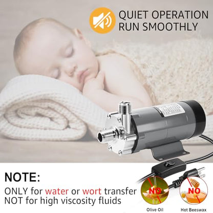 MRbrew Wort Pump With Switch Stainless Steel Magnetic Beer Pump Brewing for Wort Transfer, 1/2”NPT Thread Head 110V Quiet Operation Excellent High Temperature Resistance System for Homebrew(Grey) - size: Grey Pump(Swtich)