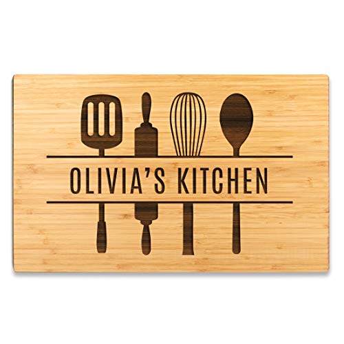 Andaz Press Personalized Large Bamboo Wood Cutting Board Gift, 17.75 x 11-inch, Olivia's Kitchen, Utensils Graphic, 1-Pack, Custom Laser Engraved Serving Chopping Board - color: Custom Name