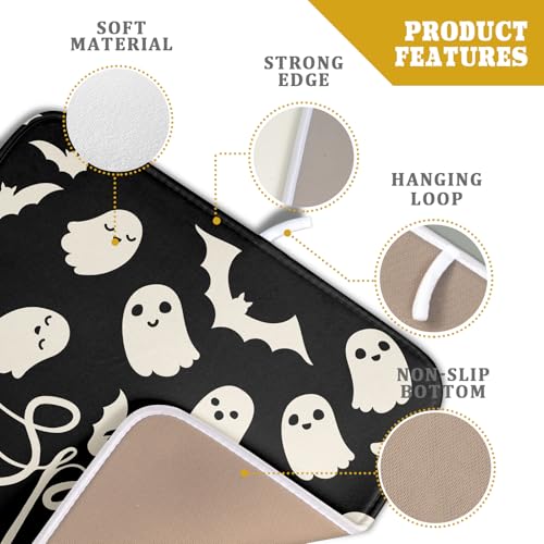 Halloween Dish Drying Mat for Kitchen Counter 16x18 Cute Ghost Black Spooky Holiday Scary Theme Absorbent Reversible Microfiber Drying Mats Kitchen Countertop Protector Dishes Drainer Pad - size: 16" x 18"