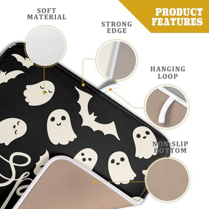 Halloween Dish Drying Mat for Kitchen Counter 16x18 Cute Ghost Black Spooky Holiday Scary Theme Absorbent Reversible Microfiber Drying Mats Kitchen Countertop Protector Dishes Drainer Pad - size: 16" x 18"