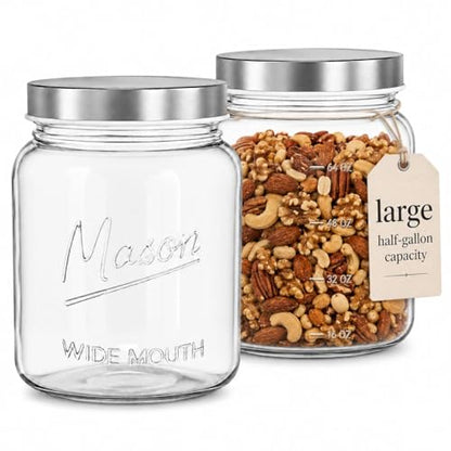 Kitchentoolz 64 oz Mason Jars Wide Mouth 2-Pack – Half Gallon Glass Jar with Lid – 1/2 Gallon Large Mason Jars with Lids for Food Storage, Canning, and Fermenting - size: Pack of 2