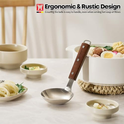 WAGENSTEIGER 7.87" x 3.94" Short Ladle with Wooden Handle & Spout, SUS304 Stainless Steel Head, Ergonomic & Durable Design, Ideal for Serving Soup, Stews & Sauces, Comfortable Grip