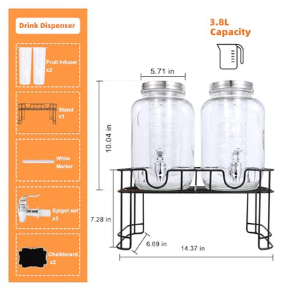 1 Gallon Glass Drink Dispensers For Parties-Set of 2,Drink Dispenser with Fruit Infuser & Stand,Juice or Beverage Dispenser for BBQ, Picnic, Party,Laundry Detergent Dispenser - size: 1 Gallon Double With Stand