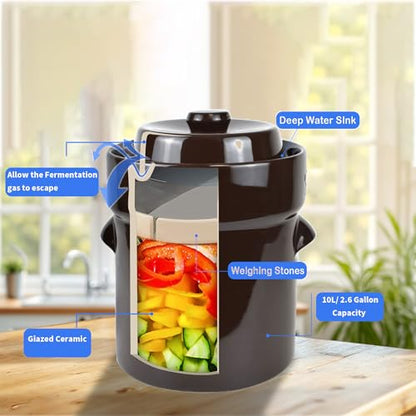 Fermentation Crock Jar 10 Liter/2.6 Gallon - Stoneware Pot for Fermenting, Pickling Kimchi, Pickles, Vegetables, Kombucha - Glazed Fermenter with Stone Weights, Lid