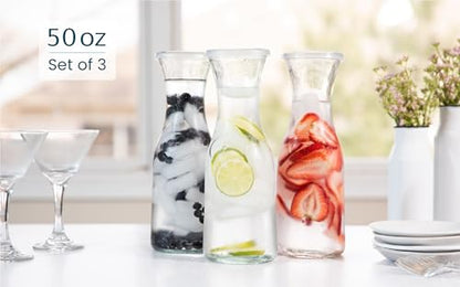 Glass Carafe Pitchers, by Kook, Large Carafe - set of 3, Beverage Dispensers, Clear Jugs For Mimosas, Water, Wine, Milk and Juice, with Plastic Lids, 50 oz Dishwasher Safe - color: Set of 3, 1.5 Liter