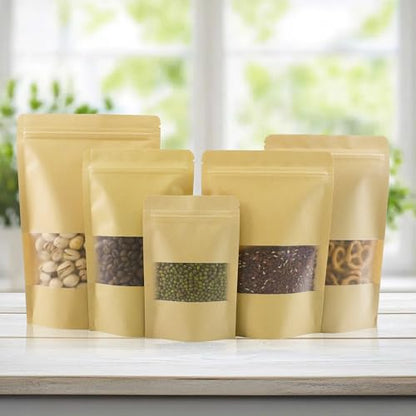 100 PCS Resealable Bags, Stand Up Kraft Paper Bags with Matte Window, Zipper Lock Food Storage Bags for Small Business and Home, 6.2x8.6 Inch Reusable Sealable Bags for Packaging - color: Yellow,6.29*8.66 inches