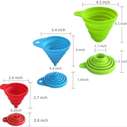Silicone Collapsible Funnel Set 3 Pack Food Grade Funnels for Filling Bottles, Liquid Powder Transfer Kitchen Funnel with Wall Hooks (3* funnels,wall Hooks* 3)