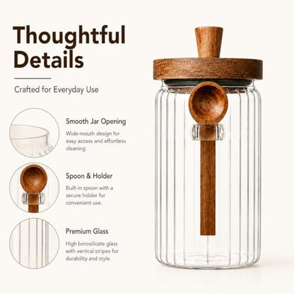 ANSQU Glass Jar with Wooden Lid & Spoon, 34oz Coffee Bean Storage Container, Airtight Glass Food Storage Canister for Coffee Grounds, Tea, Sugar, Candy, Kitchen Pantry Organizer, Stripe Glass Jar - size: 34oz-1pack-stripe
