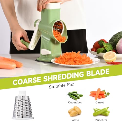 Rotary Cheese Grater Hand Crank Transparent - Shredder Slicer Grinder 3 Stainless Steel Blades, Stable Suction, Labor-Saving Handle, Safe Kitchen Tool for Cheese, Vegetable, Nuts, Chocolate - color: Green