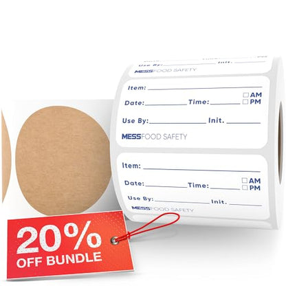MESS Dissolvable Food Labels for Containers 400 Labels (1x2 Blue/White and 2" Kraft) Blank Kitchen Labels - Food Storage Labels - Removable Freezer Labels - Dissolvable Labels for Food Containers