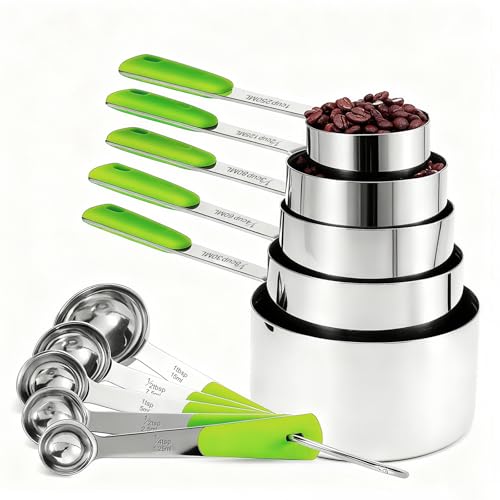 Bopei Measuring Cups and Spoons Set Stainless Steel 10 Piece for Cooking and Baking (5 Cups + 5 Spoons, Green Handle) - color: Green