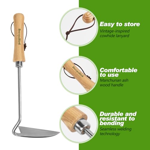 Berry&Bird Sickle Hoe Crack Weeder, Stainless Steel Japanese Weeding Sickle with Wooden Handle, Versatile Weeding Tool Garden Hand Hoe for Effective Weeding Cultivating Loosening Furrowing & Digging