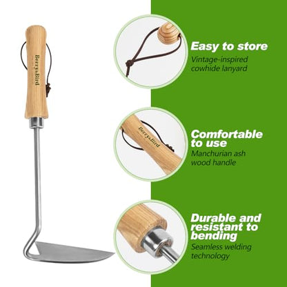 Berry&Bird Sickle Hoe Crack Weeder, Stainless Steel Japanese Weeding Sickle with Wooden Handle, Versatile Weeding Tool Garden Hand Hoe for Effective Weeding Cultivating Loosening Furrowing & Digging