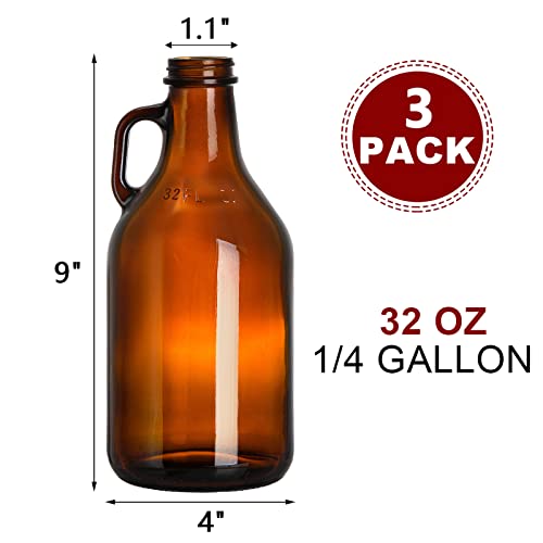 ZEAYEA 3 Pack 32 oz Glass Growler, Amber Glass Jug with Lids and Handle, Great for Beer, Home Brewing, Kombucha, Distilled Water