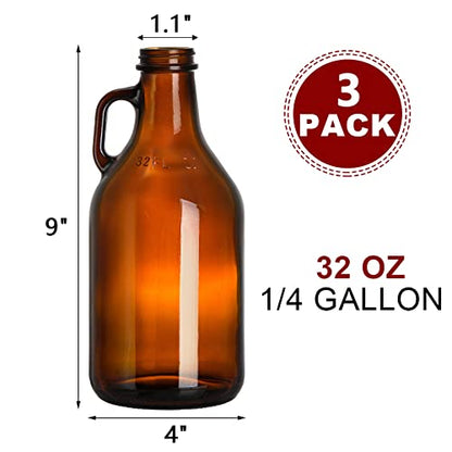 ZEAYEA 3 Pack 32 oz Glass Growler, Amber Glass Jug with Lids and Handle, Great for Beer, Home Brewing, Kombucha, Distilled Water