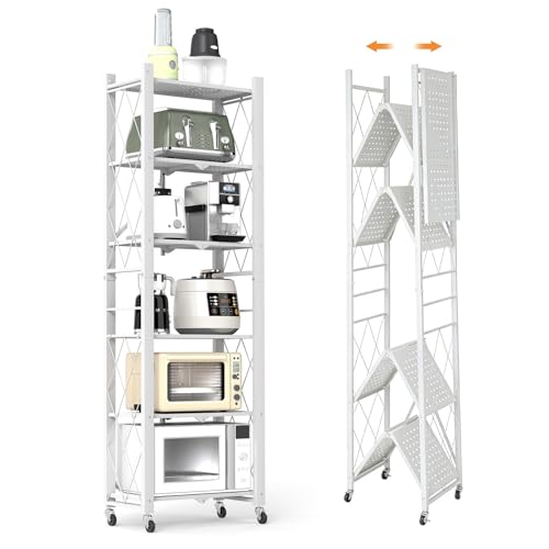 6-Tier Foldable Storage Shelves with Wheels, Folding Metal Shelf Unit, Folding Bookshelf no Assembly, Collapsible Shelves for Craft Shows for Kitchen, Bedroom, Living Room, White - color: White, size: 6 Tier