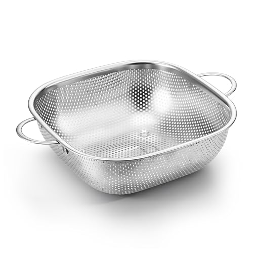E-far 4QT Square Stainless Steel Colander - Metal Strainer with Handle for Draining Pasta & Vegetables, Micro-Perforated & Elevated Feet, Dishwasher Safe - size: 4QT