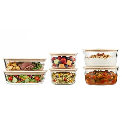 Urban Green Glass Food Container Set with Glass Lid, 6 Pack, Food Storage Containers Set, Airtight, LeakProof, Micowave Safe, 100% Plastic Free, Meal Prep Containers (White Color) - color: White Sand-6P