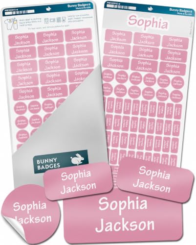 Bunny Badges Personalized Daycare Name Labels for Kids (130 Labels) - Custom Waterproof Name Stickers for Clothing Tags, Water Bottles, Lunch Boxes and School Supplies (Pink) - color: Pink