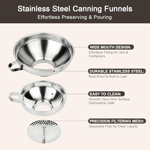 Canning Funnel with Strainer, Wide Mouth Canning Funnels for Filling Wide and Regular Mason Jars, Food Grade Stainless Steel Canning Supplies for Kitchen Use, 3 Pack (Small and Large)