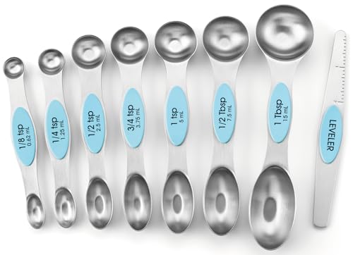 Spring Chef Stainless Steel Magnetic Measuring Spoons Set of 8 with Leveler, Nesting Metal Teaspoon & Tablespoon Measuring Spoons, Fits in Spice Jars, Kitchen Gadgets for Baking & Cooking - Aqua Sky - color: Blue (Aqua Sky), size: 1-Pack