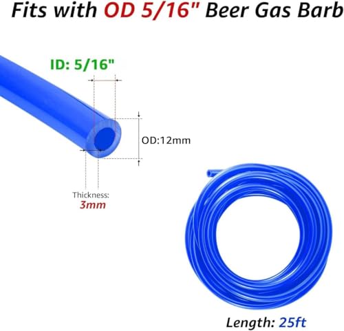 25Ft Beer Co2 Gas Line, ID 5/16'' Blue Keg Gas Lines Kegerator Hose Food Grade Keg Co2 Line with Hose Clamps for Draft Beer Home Brewing - size: 25FT