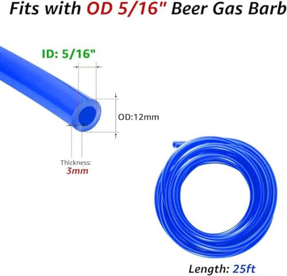 25Ft Beer Co2 Gas Line, ID 5/16'' Blue Keg Gas Lines Kegerator Hose Food Grade Keg Co2 Line with Hose Clamps for Draft Beer Home Brewing - size: 25FT