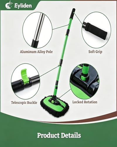 Eyliden Car Wash Brush Mop with Long Handle for Car Truck RV, Green | 90° Swivel Head with 45° Angle Lock, 2 Scratch-Free Microfiber Heads, Car Detailing Kit, 41.9" Adjustable Handle - color: Green & Black