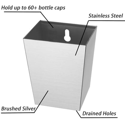 Stainless Steel Bottle Cap Catcher Wall Mounted Narrow Brushed Silver Beer Top Bucket with Drain Openings for Outdoor Post Table Fridge - color: Brushed Silver