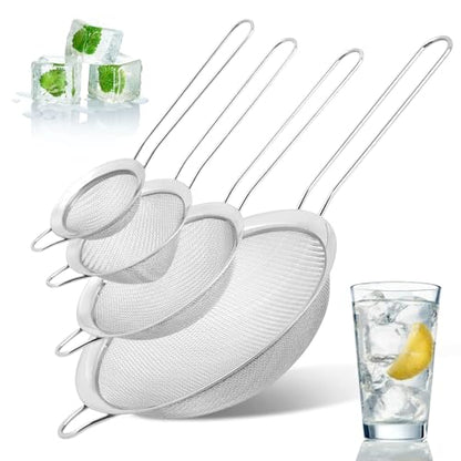 Fine Mesh Strainer Set 4 Pack Stainless Steel Kitchen Sieves | Four sizes for tea, coffee, flour, sugar, rice, and quinoa, includes 3 round sieves and 1 conical strainer