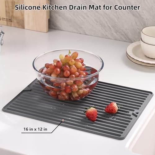 Silicone Dish Drying Mat, 16 x 18-inch Large Drying Mat for Kitchen Counter | Thicker Silicone Dish Drainer Pad for Countertop, Sink, Refrigerator or Drawer liner | Soft & Heat Resistant - size: 18" x 16"
