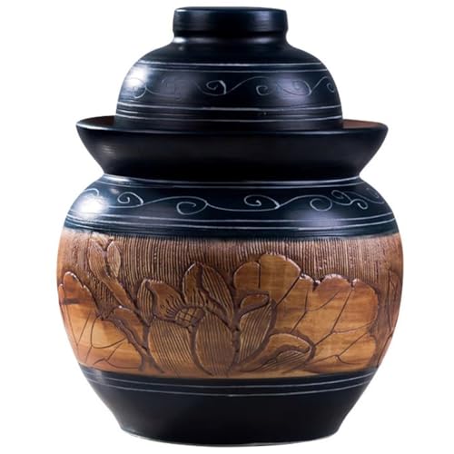 Retro Lotus Carved Kimchi Jar, Thickened Ceramic Fermentation Crock, Pickled Beans, Radishes, Cabbages, Traditional Water Seal Design