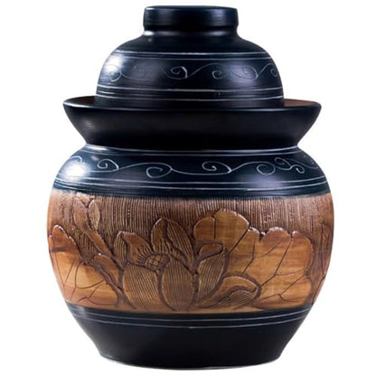 Retro Lotus Carved Kimchi Jar, Thickened Ceramic Fermentation Crock, Pickled Beans, Radishes, Cabbages, Traditional Water Seal Design