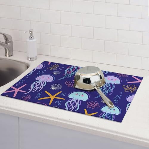 Cute Jellyfish and Starfish Dish Drying Mat for Kitchen Counter Microfiber Absorbent Reusable Washable 18x24in - color: Cute Jellyfish And Starfish