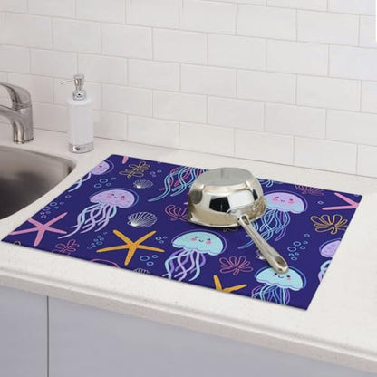 Cute Jellyfish and Starfish Dish Drying Mat for Kitchen Counter Microfiber Absorbent Reusable Washable 18x24in - color: Cute Jellyfish And Starfish