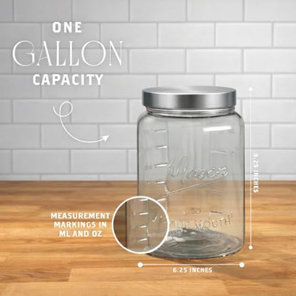 Kitchentoolz Extra Large Mason Jar - 1 Gallon Glass Wide Mouth Jar with Airtight Metal Screw on Lid, Food Storage Container with Measurement Marks For Kitchen Pantry, Pickling, Flour & Sugar Pack of 1