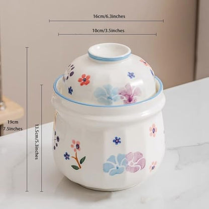 Pastoral Series Modern Pickle Jars, Traditional Water Seal Fermentation Crock, Hand-Painted Kitchen Kimchi Jar, Cherry Blossom/Purple Daylily Pattern(A)