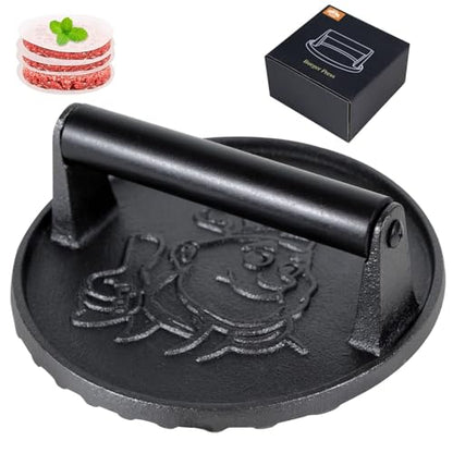COOKWIN 7" Cast Iron Smash Burger Press Kit, Heavy-Duty Hamburger Smasher with Non-Slip Handles and 50 pcs Patty Paper, 2.1 lb Bacon Meat Weight Press for Steak, Smashburger, Grill and BBQs - color: 7 inch Black