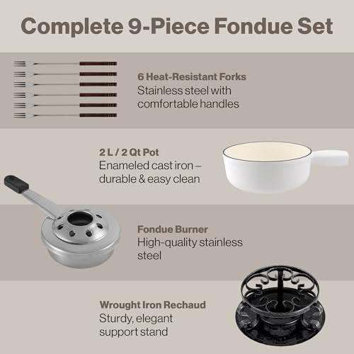 Swissmar Lugano Cast Iron Cheese Fondue Set, 9-Piece, 2 QT / 2 L - Ideal for Melting Cheese, Chocolates, Caramel, & More - Perfect for Kitchen Collection & Gift Giving - Matte White - color: Matte White