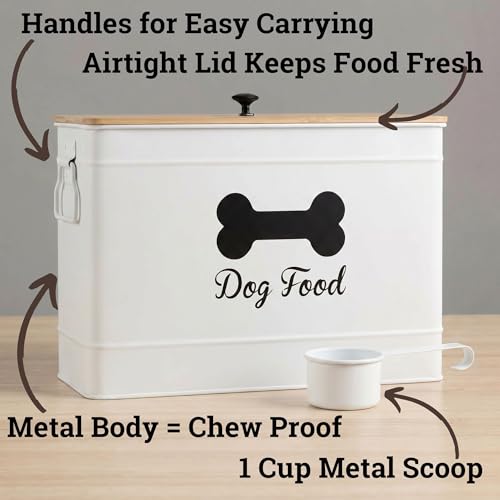 Dog Food Container Airtight Bamboo Lid 15-20 lb Sturdy Metal Handle 70 Cups | Pet Jar For Dogs up to 100lbs, Airtight Bamboo Lid, Sturdy Comfortable Metal Handle, Powder Coated Iron, Kibble Storage Bin - color: White