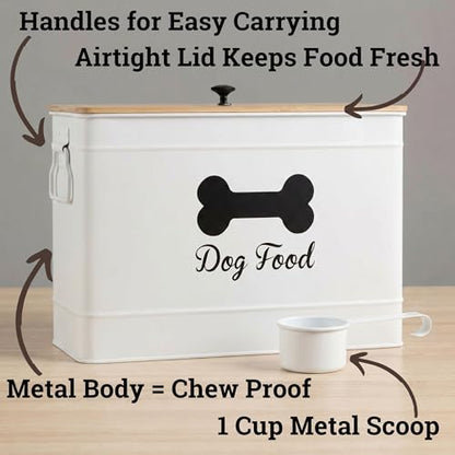 Dog Food Container Airtight Bamboo Lid 15-20 lb Sturdy Metal Handle 70 Cups | Pet Jar For Dogs up to 100lbs, Airtight Bamboo Lid, Sturdy Comfortable Metal Handle, Powder Coated Iron, Kibble Storage Bin - color: White