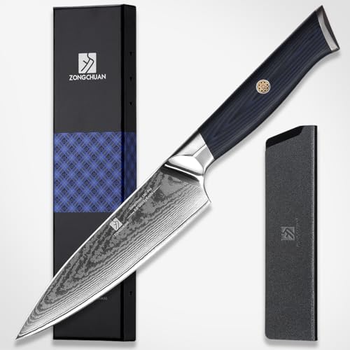 Utility Knife,5.5inch Damascus knife,67-Layer High Carbon Stainless Steel Kitchen Knife,Professiona Sharp Cutting Knives with Ergonomic Blue G10 Handle,Gift Box for Home and Kitchen Birthday Gift - style: 13C pro Utility Knife(Blue Black)
